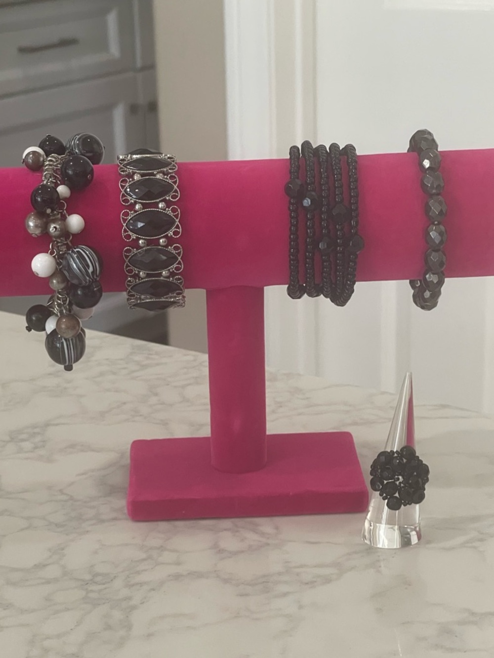 Black Beaded Bracelet Set with Silver Accents and Beaded Stretch Ring
